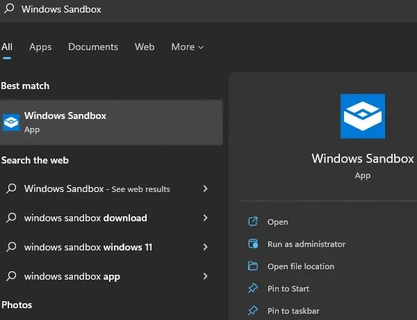 Search for Windows Sandbox App