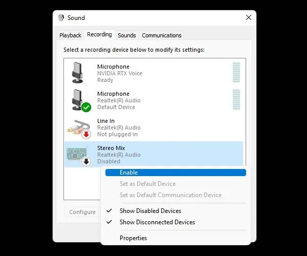 Enable Stereo Mix in Sound Settings Windows 11