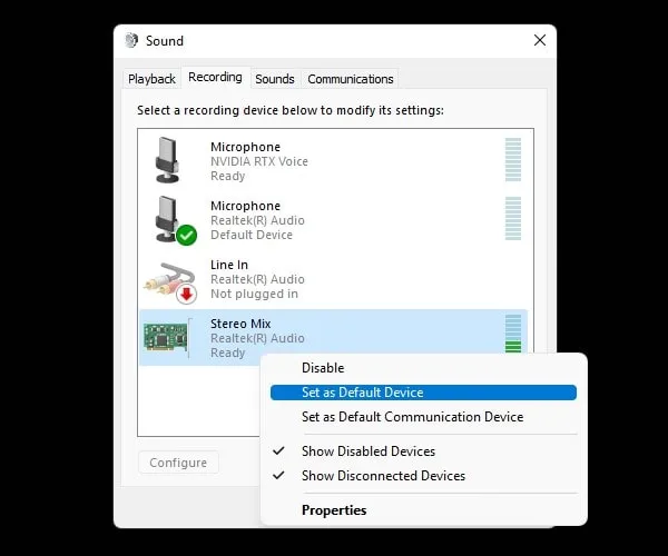 Set Stereo Mix as Default Device