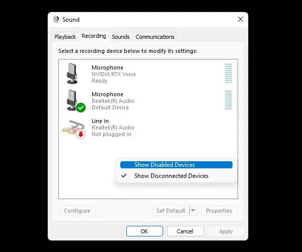 Show Disabled Devices in Sound Settings
