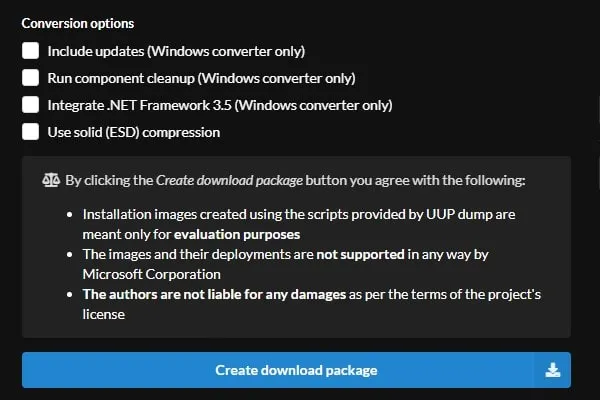 Create Windows 11 ISO Download Package using UUP dump
