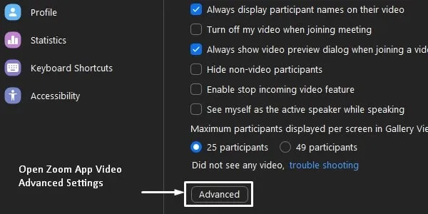 Open Zoom App Video Advanced Settings