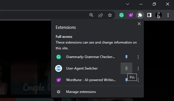 Pin User-Agent Switcher Chrome Extension