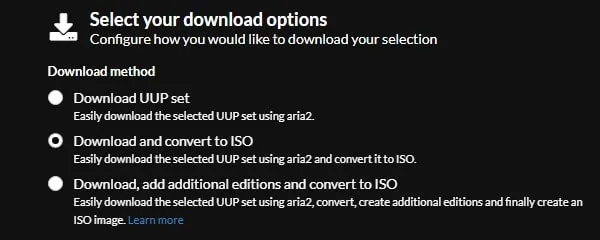 Select Download and Convert to ISO Option UUP Dump