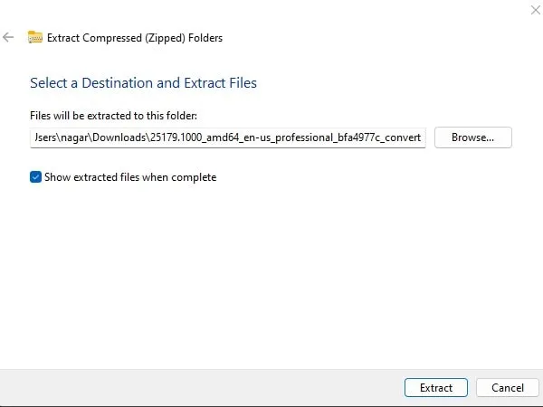Select UUP Dump file extract destination