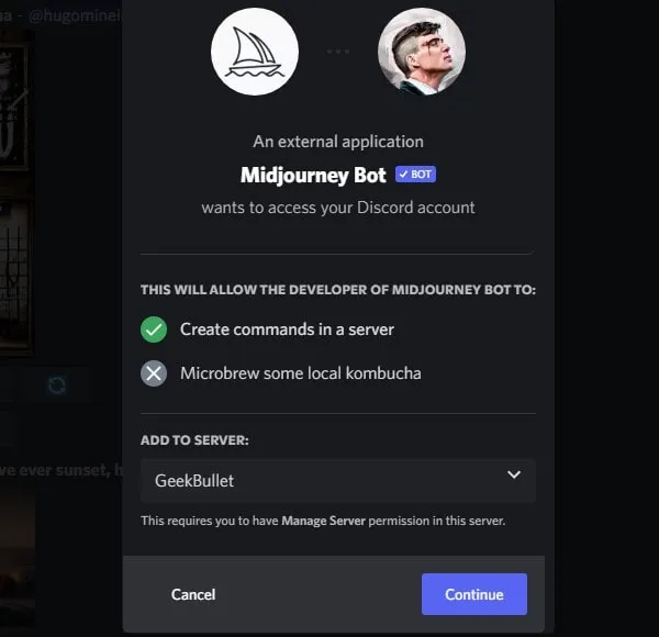 Select your Discord Server to Add MidJourney Bot