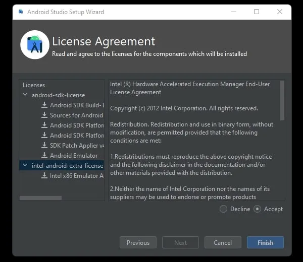 Accept Android Studio and Intel Android Extra License
