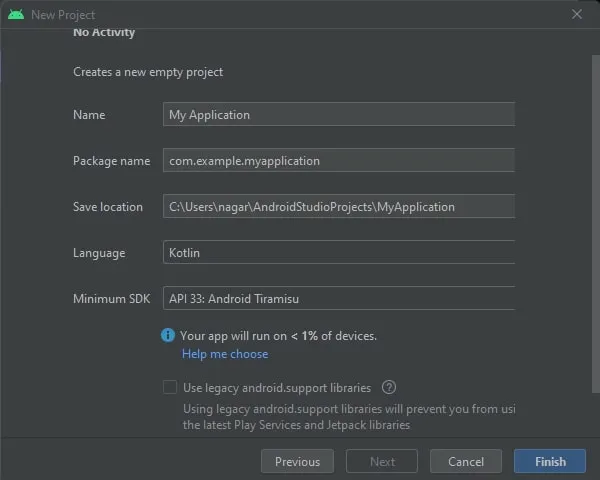 Select Minimum SDK and open Android Studio
