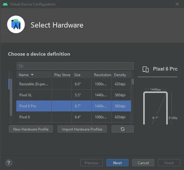 Select Pixel 6 Pro to run Android 13 Tiramisu Emulator