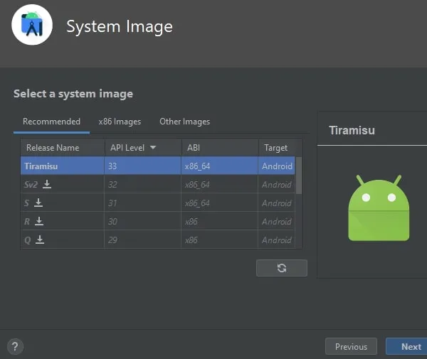 Select a system image of Android 13
