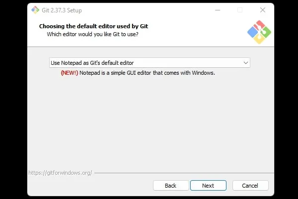 Select Notepad as GIT Default Editor