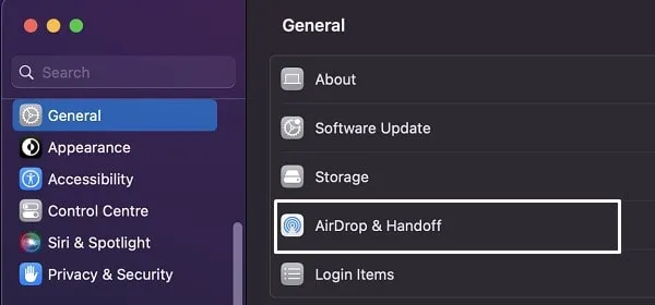 AirDrop and Handoff Settings Mac