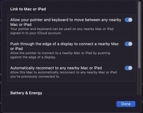 Enable Link to Mac or iPad