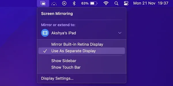 Manage iPad Display using Menu Bar