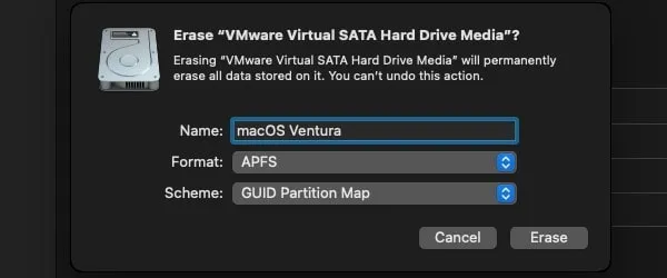 Erase Hard Drive to Install macOS Ventura on VMware