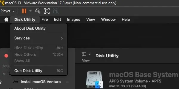 Quit Disk Utility macOS Ventura on VMware