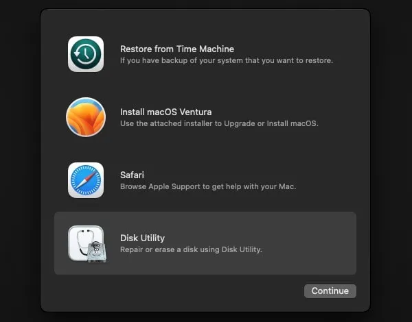 Select Disk Utility to install macOS Ventura