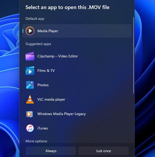 Select Media Player App to open MOV Video File