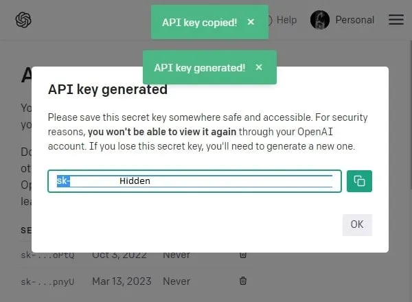 API Key Generated in OpenAI