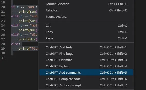 ChatGPT Added in VS Code Context Menu