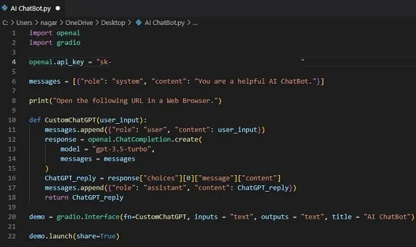 Code to Create a Free AI ChatBot using ChatGPT in Python