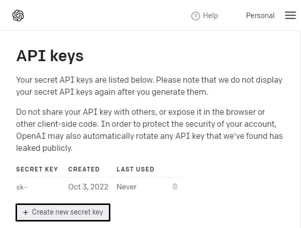 Create new Secret Key