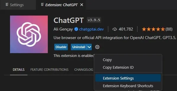 Open ChatGPT Extension Settings