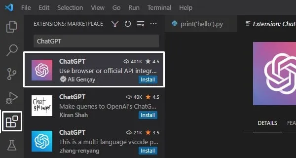Search for ChatGPT VSCode Extension
