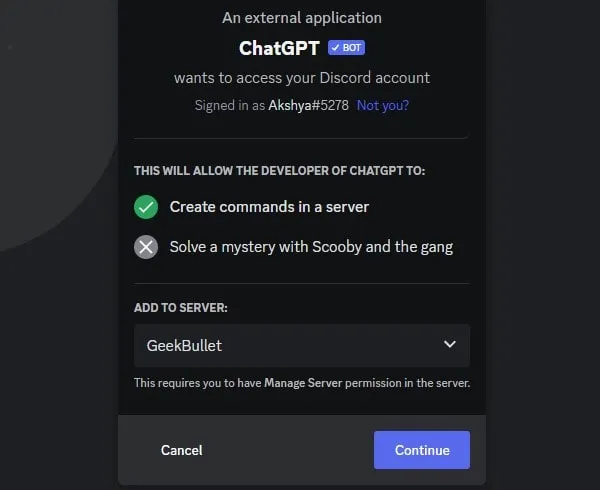 Select your Discord Server to Add ChatGPT