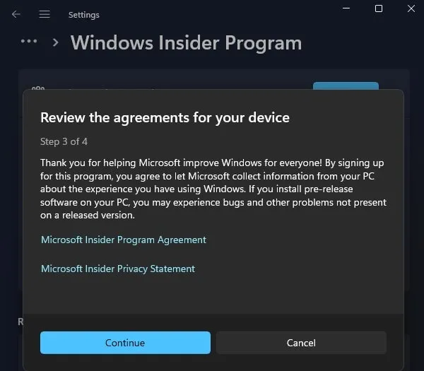 Review Windows Insider License Agreement