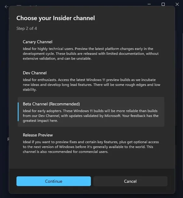 Select Windows 11 23H2 Beta Channel