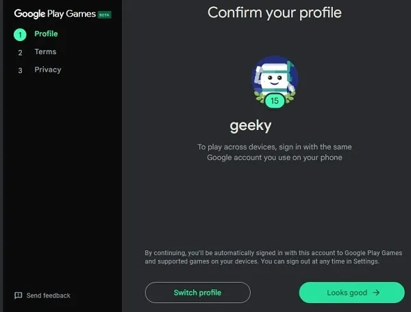 Confirm your Profile in Google Play Games